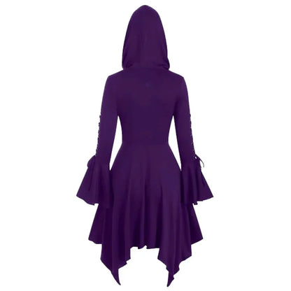Hooded Dress for Women Lace-up Flare Sleeve Button-up Dress with Hood Black Dark Goth Witches Halloween Party Wear