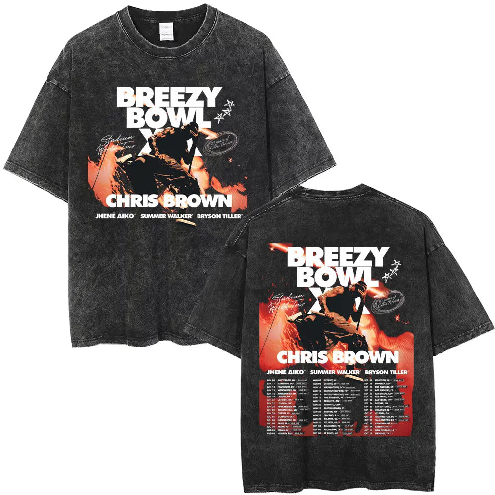 Vintage Washed Chris Brown Graphic T-shirt Breezy Bowl XX Tour 2025 Merch T Shirts Men Women Hip Hop Fashion Oversized T-shirts