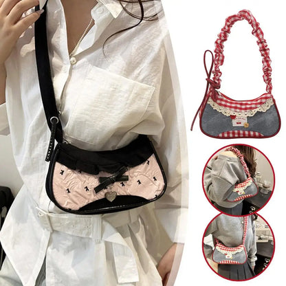 Fashion Grid Women Bag Lace Ribbon Stretchable Shoulder Strap Single Shoulder Underarm Bag Daily Commuting Student Handbag