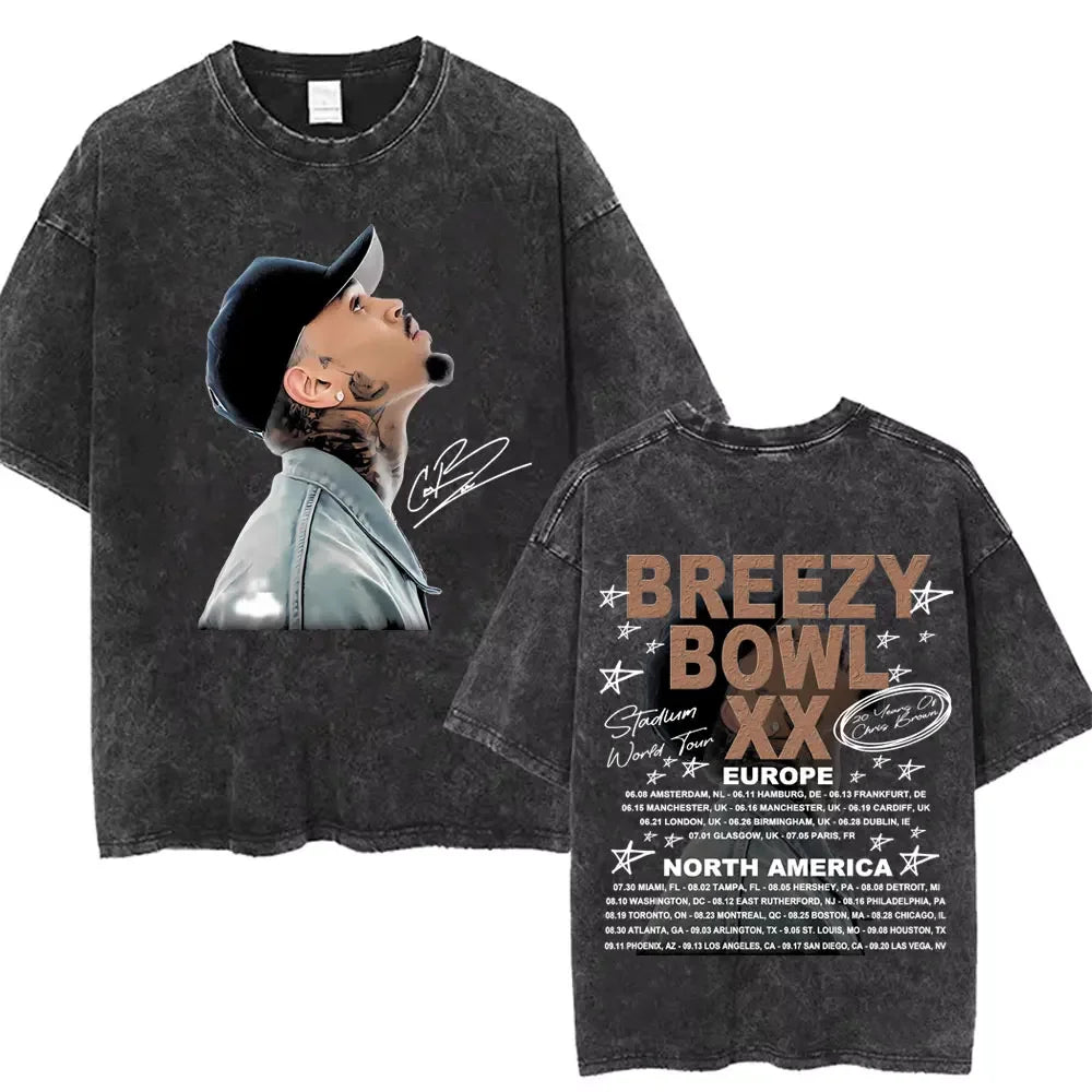 Vintage Washed Chris Brown Graphic T-shirt Breezy Bowl XX Tour 2025 Merch T Shirts Men Women Hip Hop Fashion Oversized T-shirts
