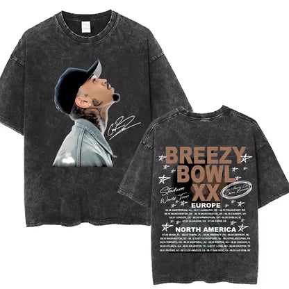 Vintage Washed Chris Brown Graphic T-shirt Breezy Bowl XX Tour 2025 Merch T Shirts Men Women Hip Hop Fashion Oversized T-shirts