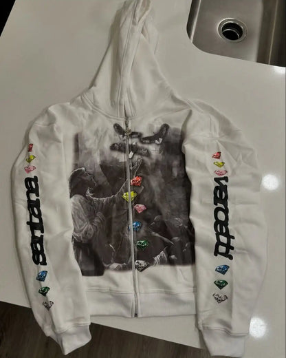 Y2K Men Hooded Sweatshirt New Wave Zipper Printed Cardigan Teen Couple Autumn and Winter Hoodie Hip-hop Long-sleeved Top