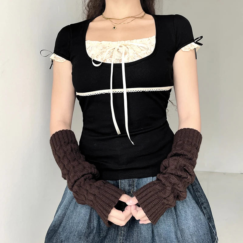 Y2k Lace Trim Crop Top Bow Cute Sweet Square Neck Tee Short Sleeve Harajuku Casual T Shirt Women Prepply Retro Korean Top Summer