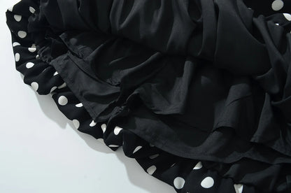 2025 Sexy Black White Polka Dot Halter Tank Top + Tie Bow Sashes Elastic Waist Ruched Ball Gown BUD Mini Skirt 2 Pieces 1 Set
