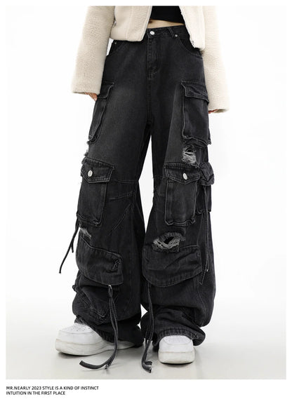 Women Y2k American Retro Mutil Pockets Cargo Jeans 90s Vintage 2000s Jean Pants Trashy Clothes 2025 Black Baggy Cargo Jeans