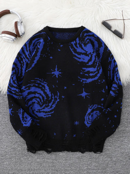 New Trendy Street Style Ripped Abstract Starry Sky Pattern Pullover Ripped Sweater Casual Crew Neck Knitted Men's Pullover