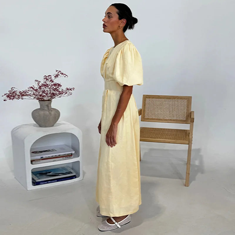 Casual Yellow Short Puff Sleeve Women Dress Loose Solid O-neck Pleated High Waist Female Maxi Dresses 2025 Summer Chic Lady Robe