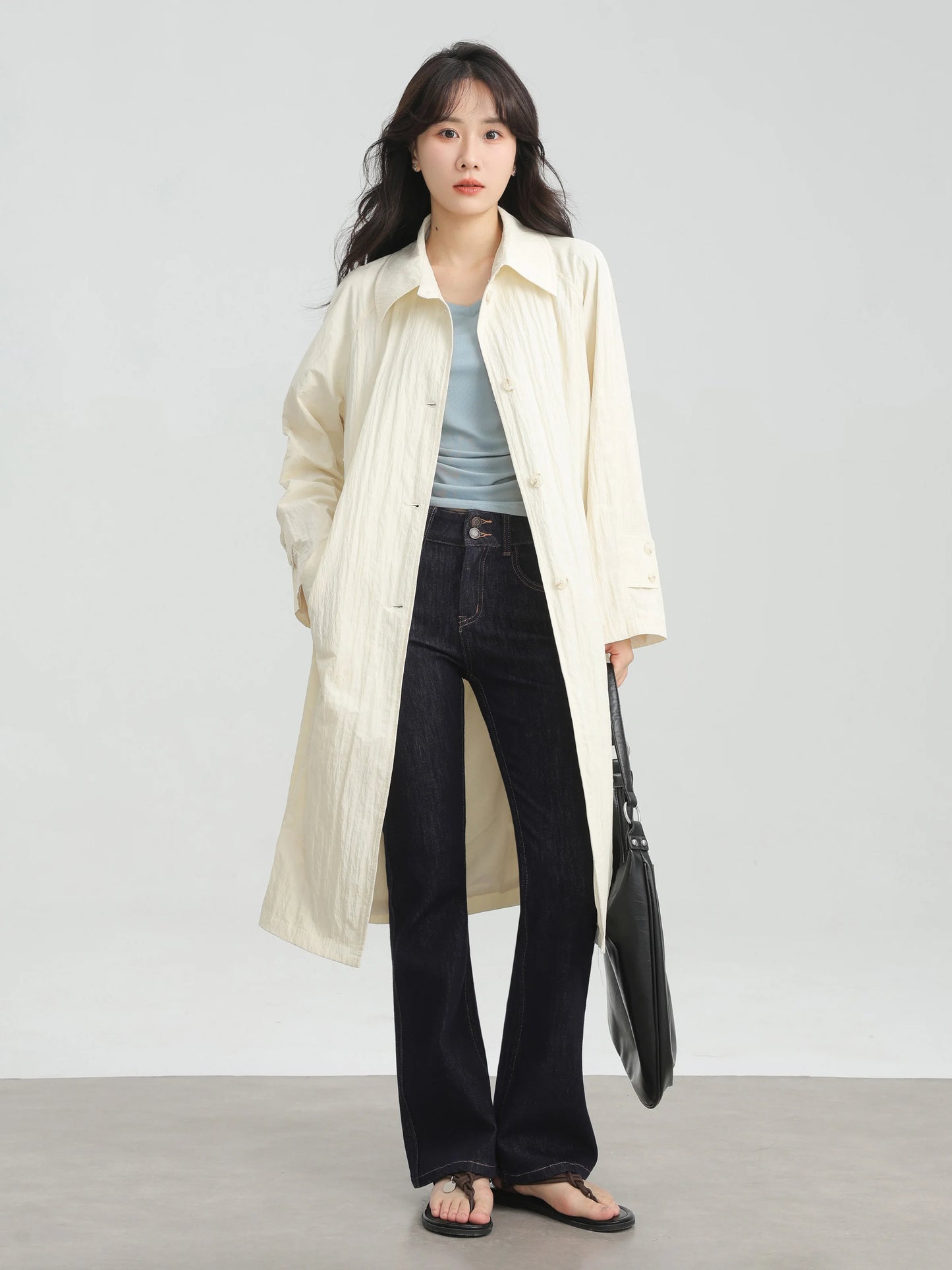 Wrinkled Double Cuff Belted Sleeve Trench Coat Women Loose Fit Lapel Collar Outerwear 2025 Casual Mid-Length Stylish Overcoat
