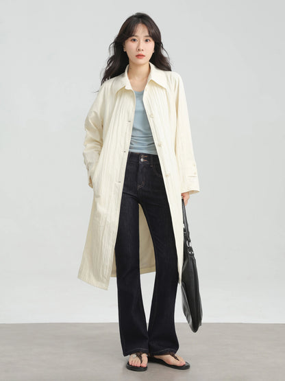 Wrinkled Double Cuff Belted Sleeve Trench Coat Women Loose Fit Lapel Collar Outerwear 2025 Casual Mid-Length Stylish Overcoat