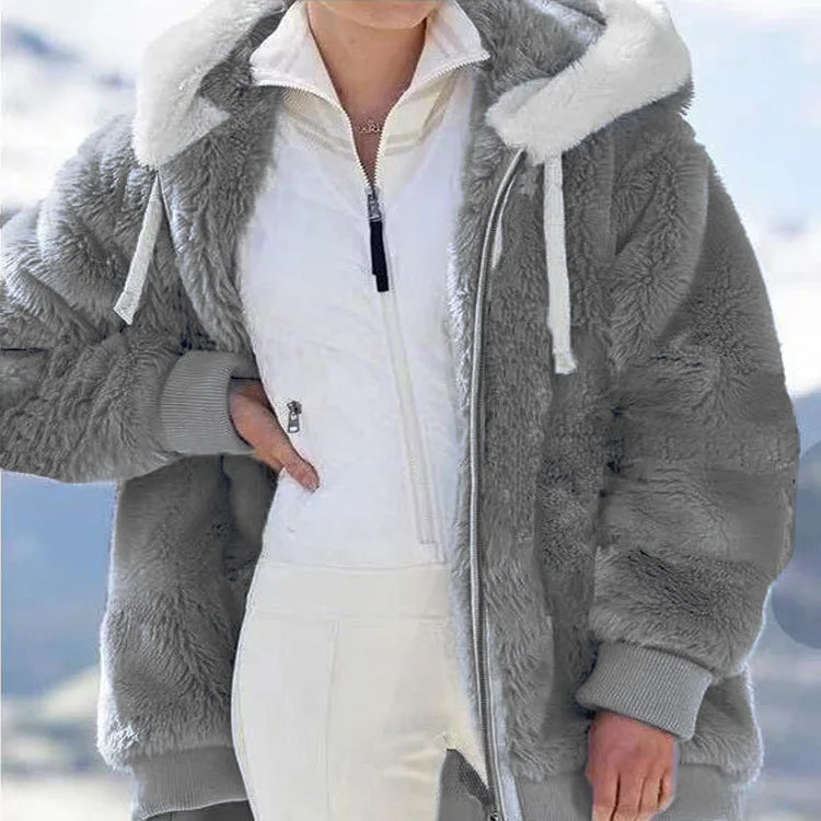 New Autumn/Winter Loose Plush Zipper Hooded Coat for Women