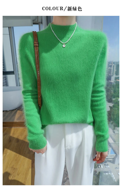 100% Pure Mink Cashmere Knitted Sweater Women's Semi-High Neck Loose Pullovers Casual Joker Warm Bottoming Shirt Autumn Blouse