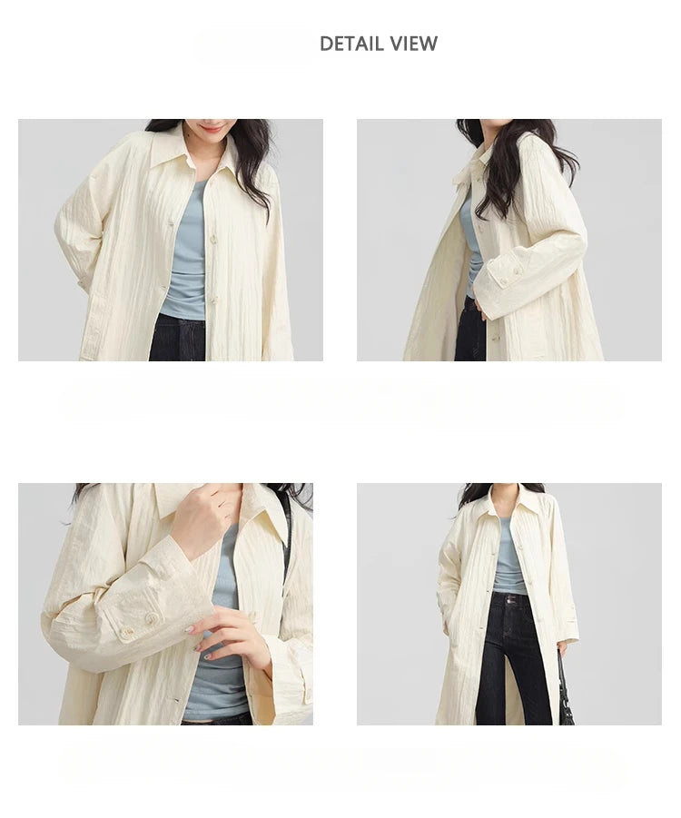 Wrinkled Double Cuff Belted Sleeve Trench Coat Women Loose Fit Lapel Collar Outerwear 2025 Casual Mid-Length Stylish Overcoat