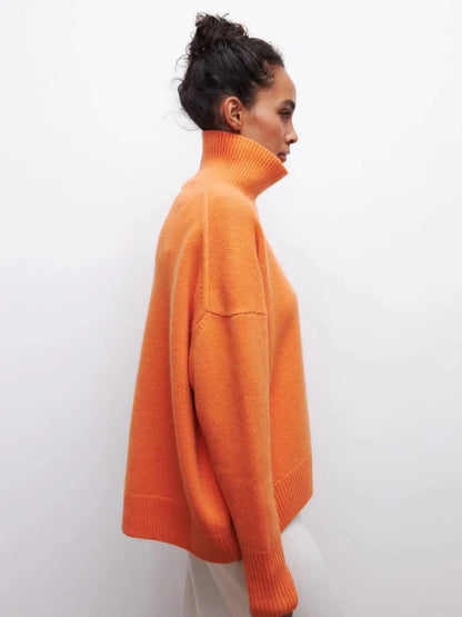 Original Light Luxury O-neck Knit Sweater Autumn And Winter Women's Elegant Loose Mock Neck Solid Color Warm Outerwear Sweater