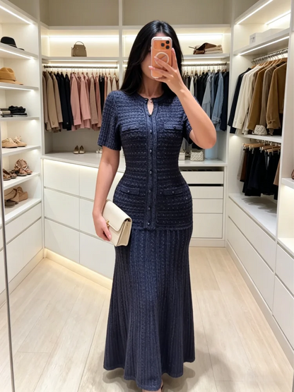Summer Luxury Navy Blue Tweed Knit Maxi Dress Women Elegant Short Sleeve Button Front Pocket Mermaid Hem Formal Party Outfit New