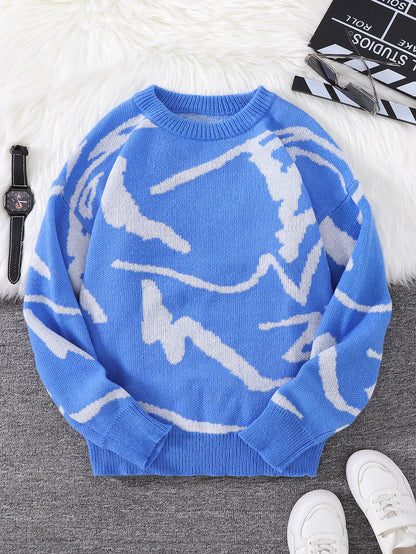 New Popular Spring Autumn Graffiti Jacquard Pattern Pullover Sweater Casual Round Neck Contrast Color Knitted Men's Pullover