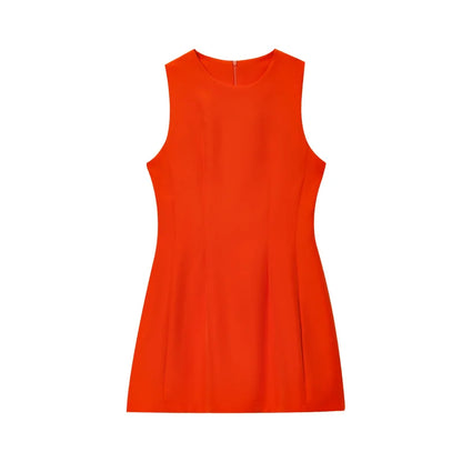 ETJ2025 summer new  women's ZW series elegant simple classic puffy round neck sleeveless waist short dress