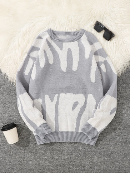New Popular Autumn Winter Irregular Jacquard Pattern Pullover Sweater Casual Round Neck Contrast Color Knitted Men's Pullover