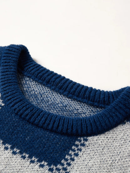 Retro Trendy Plaid Jacquard Pattern Pullover Sweater Casual Round Neck Color-Block Knit Men's Pullover