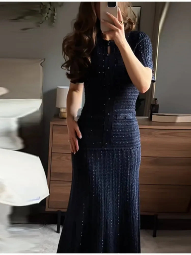 Summer Luxury Navy Blue Tweed Knit Maxi Dress Women Elegant Short Sleeve Button Front Pocket Mermaid Hem Formal Party Outfit New