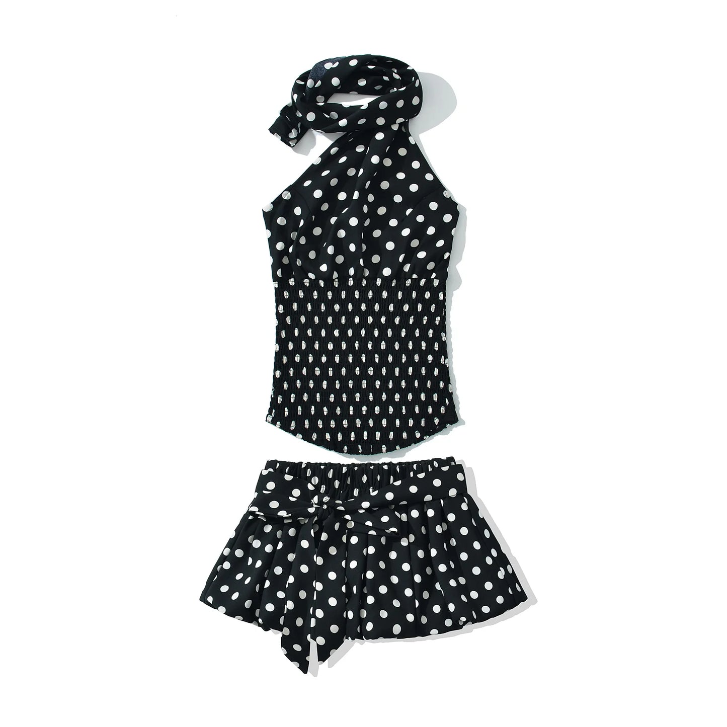 2025 Sexy Black White Polka Dot Halter Tank Top + Tie Bow Sashes Elastic Waist Ruched Ball Gown BUD Mini Skirt 2 Pieces 1 Set
