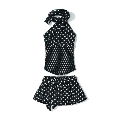 2025 Sexy Black White Polka Dot Halter Tank Top + Tie Bow Sashes Elastic Waist Ruched Ball Gown BUD Mini Skirt 2 Pieces 1 Set