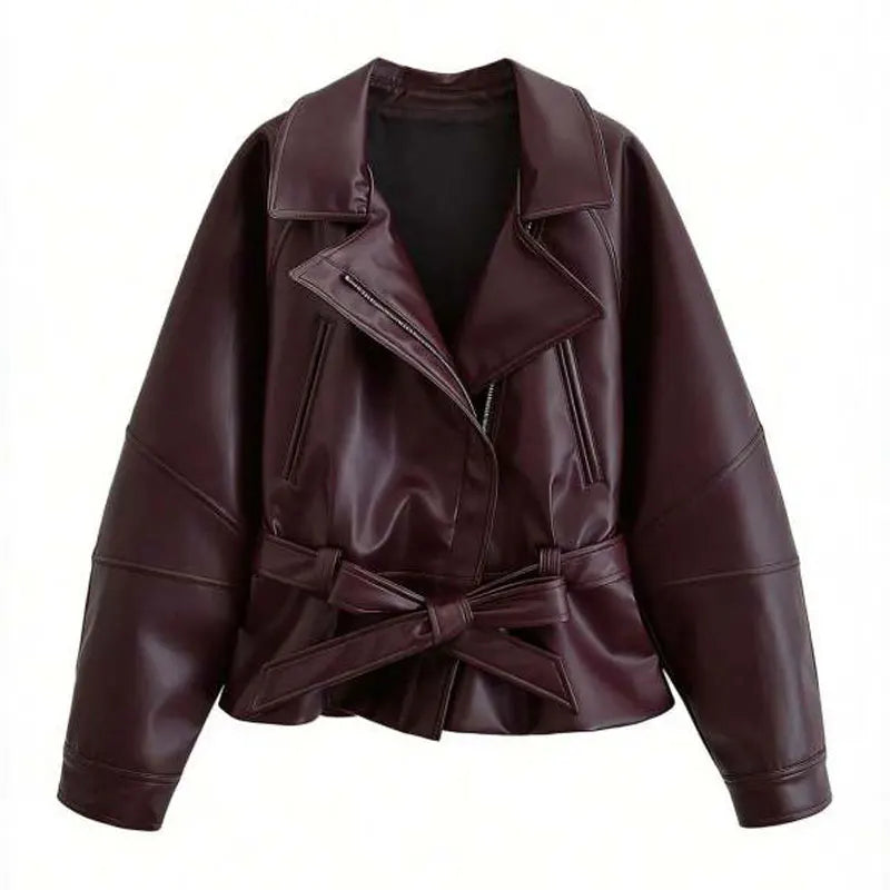 HH Women Vintage Motorcycle Jacket With Belt Faux Leather Trench Coat Long Sleeve Lapel Zipper Jacket Autumn High Street Outwear