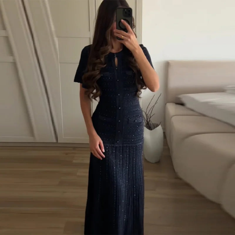 Summer Luxury Navy Blue Tweed Knit Maxi Dress Women Elegant Short Sleeve Button Front Pocket Mermaid Hem Formal Party Outfit New