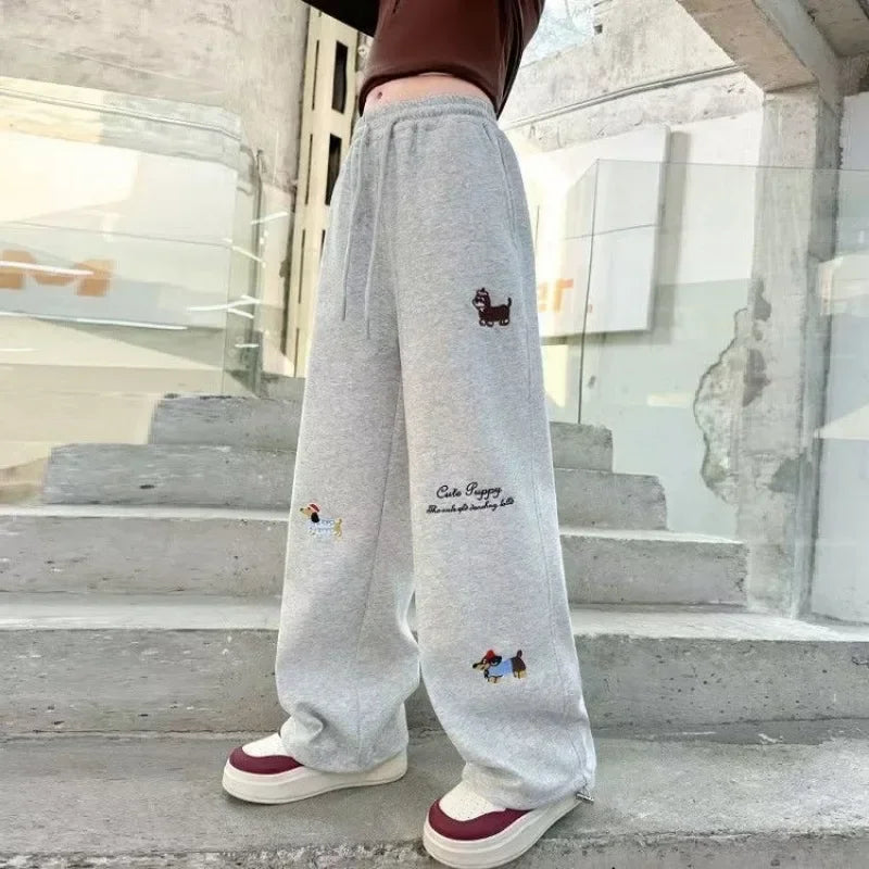 RAISE YOUNG 4-14Y Girls Sweatpant Side Striped Junior Girl Sports Pant Elastic Waist School Girl Straight Pant Dog Print Trouser