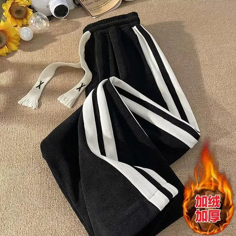 Thickened Fleece Corduroy Pants High Waist Loose Straight Leg Striped High School Students Autumn Winter Fashion Brand Teenag...