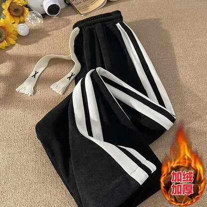 Thickened Fleece Corduroy Pants High Waist Loose Straight Leg Striped High School Students Autumn Winter Fashion Brand Teenag...