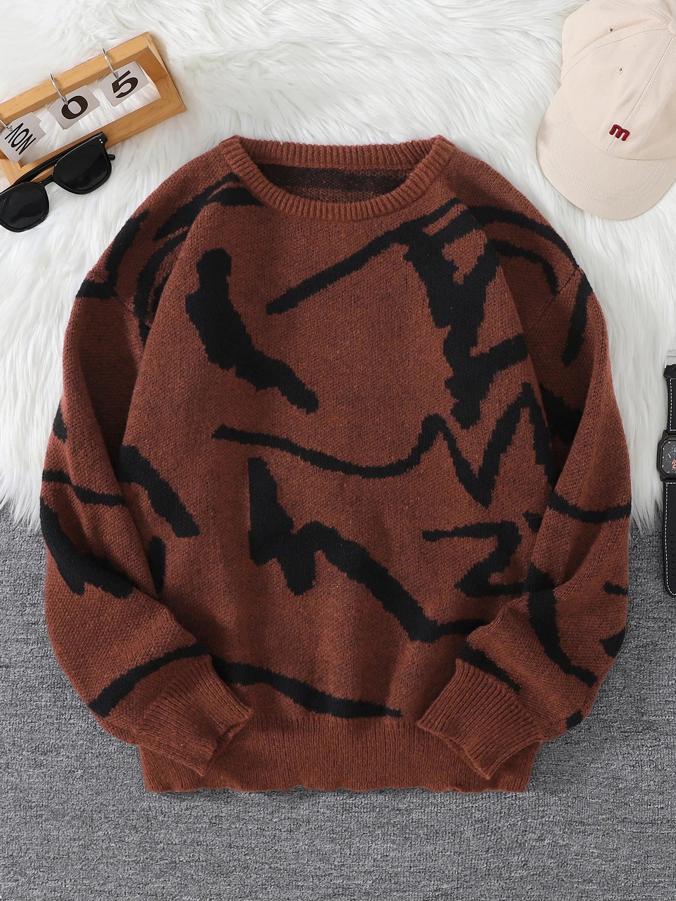 New Popular Spring Autumn Graffiti Jacquard Pattern Pullover Sweater Casual Round Neck Contrast Color Knitted Men's Pullover