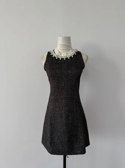 Fashion Design Nail Beads Sleeveless Dress Women 2024 New Autumn Short A-line Skirt Coat Set Women Commit Sexy Two Piece