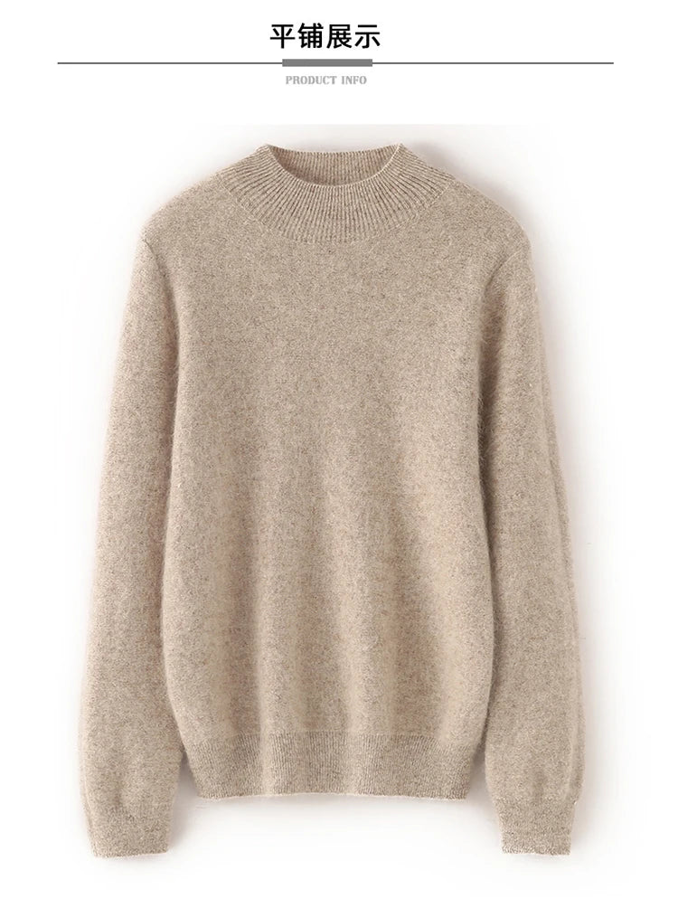 100% Pure Mink Cashmere Knitted Sweater Women's Semi-High Neck Loose Pullovers Casual Joker Warm Bottoming Shirt Autumn Blouse