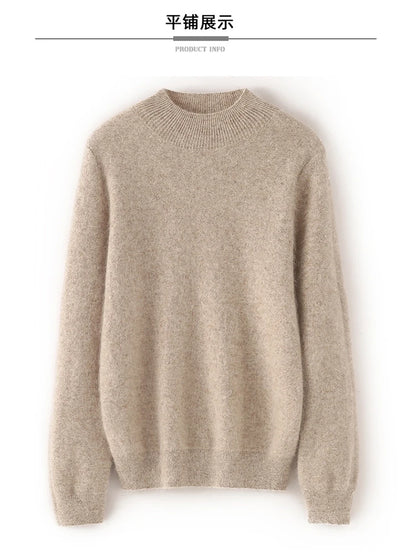 100% Pure Mink Cashmere Knitted Sweater Women's Semi-High Neck Loose Pullovers Casual Joker Warm Bottoming Shirt Autumn Blouse