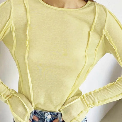 White O-Neck Women'S T-Shirt 2022 Elegant Yellow Long Sleeve Fall Tee Shirt Casual Slim Elastic Solid Top Female