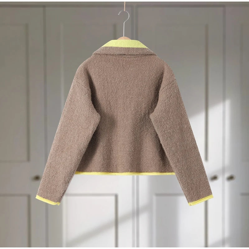 Patchwork Knit Women's Cardigan Coat Lapel Zipper Pockets Full Sleeve Sweater For Woman Autumn Winter Lady Jacket Outerwear