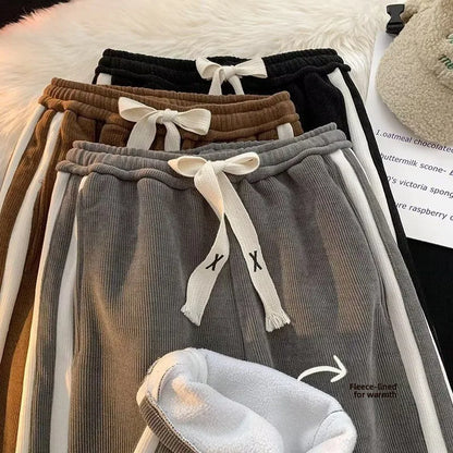 Thickened Fleece Corduroy Pants High Waist Loose Straight Leg Striped High School Students Autumn Winter Fashion Brand Teenag...