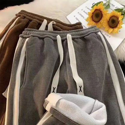 Thickened Fleece Corduroy Pants High Waist Loose Straight Leg Striped High School Students Autumn Winter Fashion Brand Teenag...