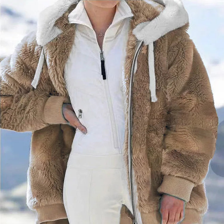 New Autumn/Winter Loose Plush Zipper Hooded Coat for Women