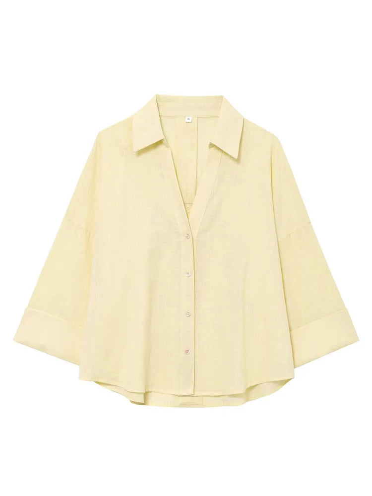 HH 2025 Casual Women Soild Linen Loose Shirt Summer Female Lapel Collar Long Sleeve Oversized Office Wear Lady Blouse