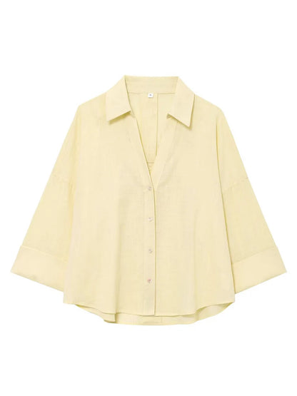 HH 2025 Casual Women Soild Linen Loose Shirt Summer Female Lapel Collar Long Sleeve Oversized Office Wear Lady Blouse