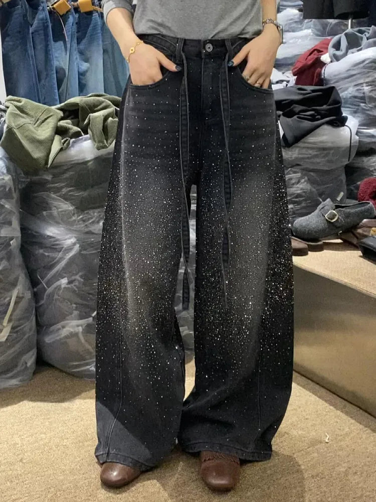 Glittering Rhinestone Denim Pants Women's Jeans New Wide Leg  Design Sensation Floor-Length Pants loose jeans
