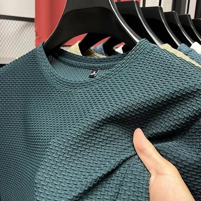 Men's Short Sleeve Mesh Bamboo Ice Silk T-shirt Casual Versatile Summer Elastic Slimming Top for Men 2029
