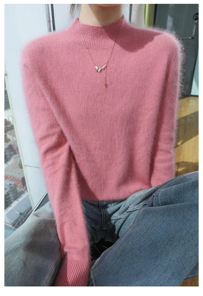 100% Pure Mink Cashmere Knitted Sweater Women's Semi-High Neck Loose Pullovers Casual Joker Warm Bottoming Shirt Autumn Blouse