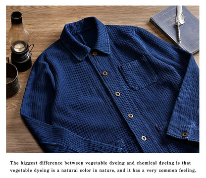 Indigo Cargo Jacket Men Vintage Heavy Weight Cotton Blue Dyed Workwear Tooling Jacket French Retro Multi-pocket Cardigan Coat