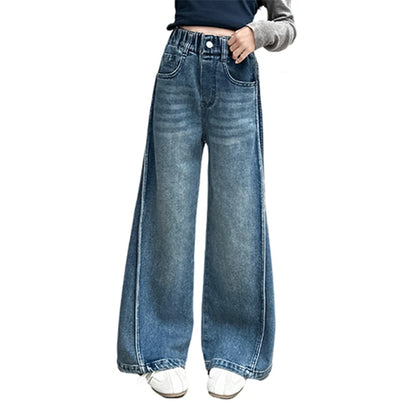 New Autumn Tween Girl Dark Blue Jeans Foldable Wide Leg Denim Pants Kids Child Spring High Waist Jeans Trousers Age 4 To 14 Y