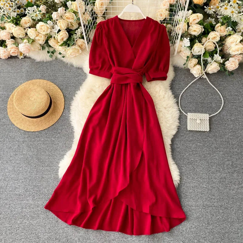 Women's Dress Spring New Temperament V-neck Solid Color Bubble Short-sleeved Irregular Ruffle Edge Lacing Dress Leisure Vestidos