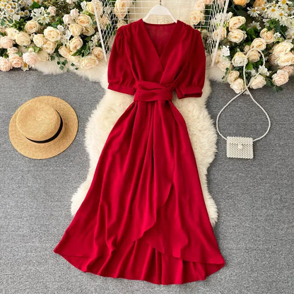Women's Dress Spring New Temperament V-neck Solid Color Bubble Short-sleeved Irregular Ruffle Edge Lacing Dress Leisure Vestidos