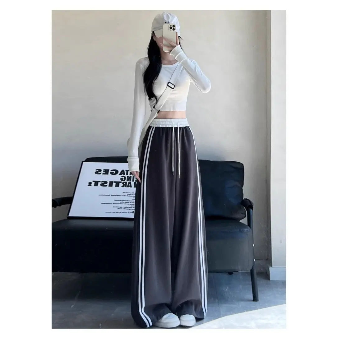 High Waist Wide Leg Pants Women's Spring Autumn New Style Loose American Knife Edge Sports Trousers Color Block Striped