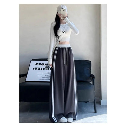 High Waist Wide Leg Pants Women's Spring Autumn New Style Loose American Knife Edge Sports Trousers Color Block Striped